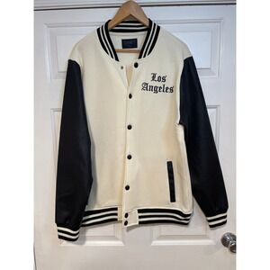 Varsity Jacket Faux Leather Los Angeles LA California Mens L Black Cream G-NET